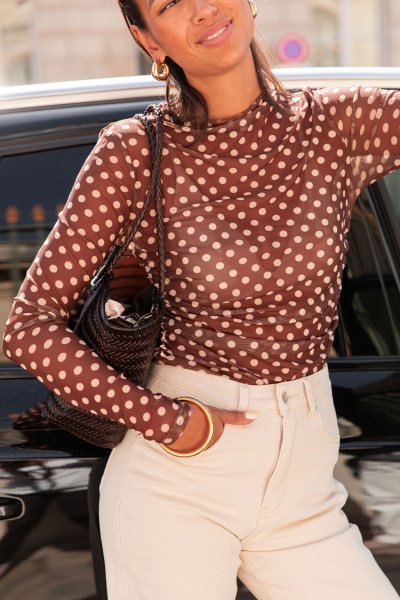 INÈS Camel - Top Résille Pois