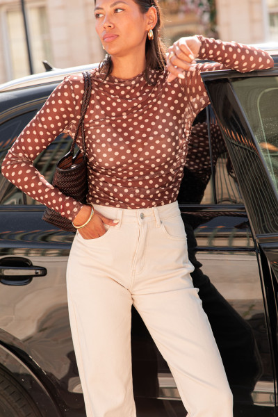 INÈS Camel - Top Résille Pois