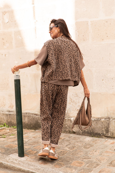PAOLA Camel Léopard - Gilet Sans Manches