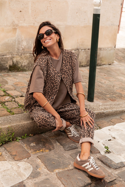 PAOLA Camel Léopard - Gilet Sans Manches