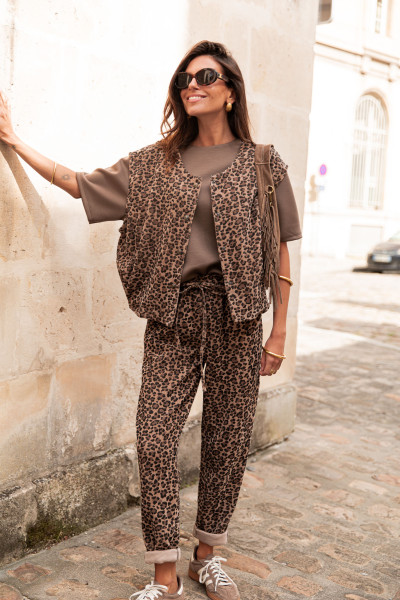 PAOLA Camel Léopard - Gilet Sans Manches