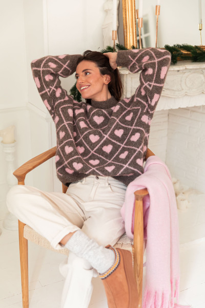 BARBARA Taupe/Rose - Pull Coeurs