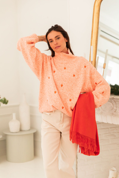 AIMÉE Orange Poudré - Pull Coeurs