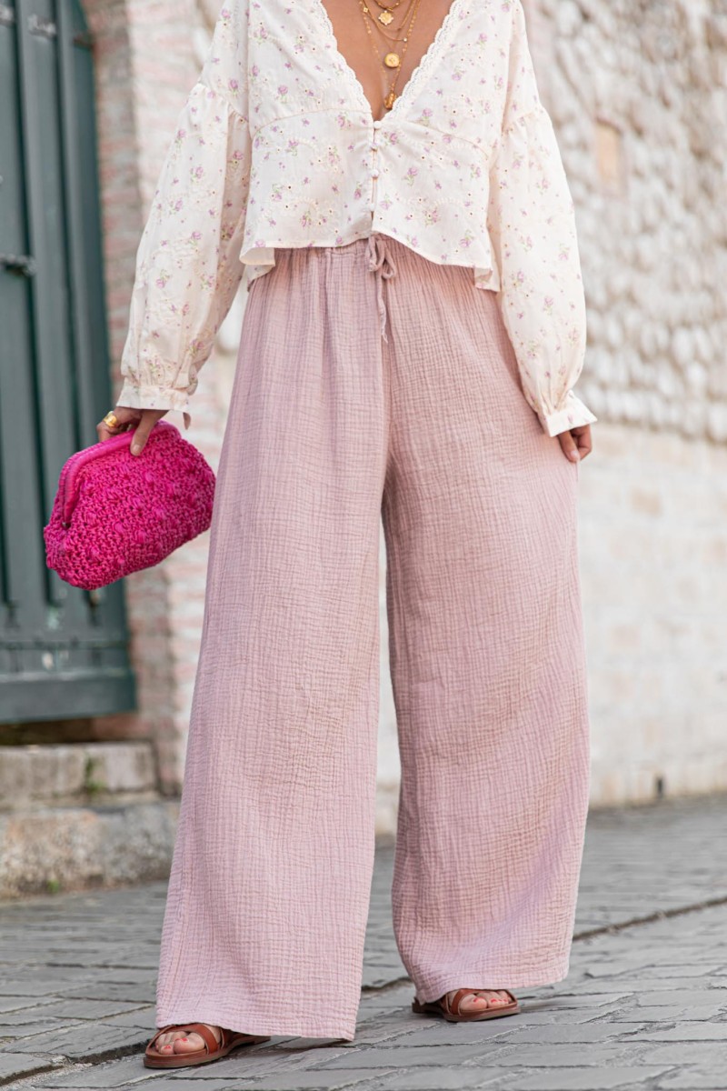 ASIANNA Vieux Rose - Pantalon Gaze De Coton